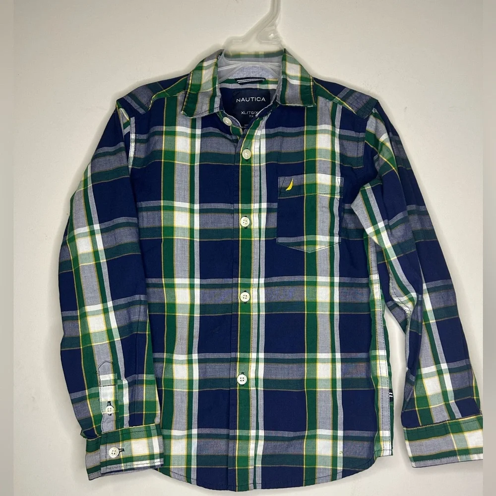 Nautica Navy and Green Checkered Shirt Boys XL 7X - Picture 1 of 5
